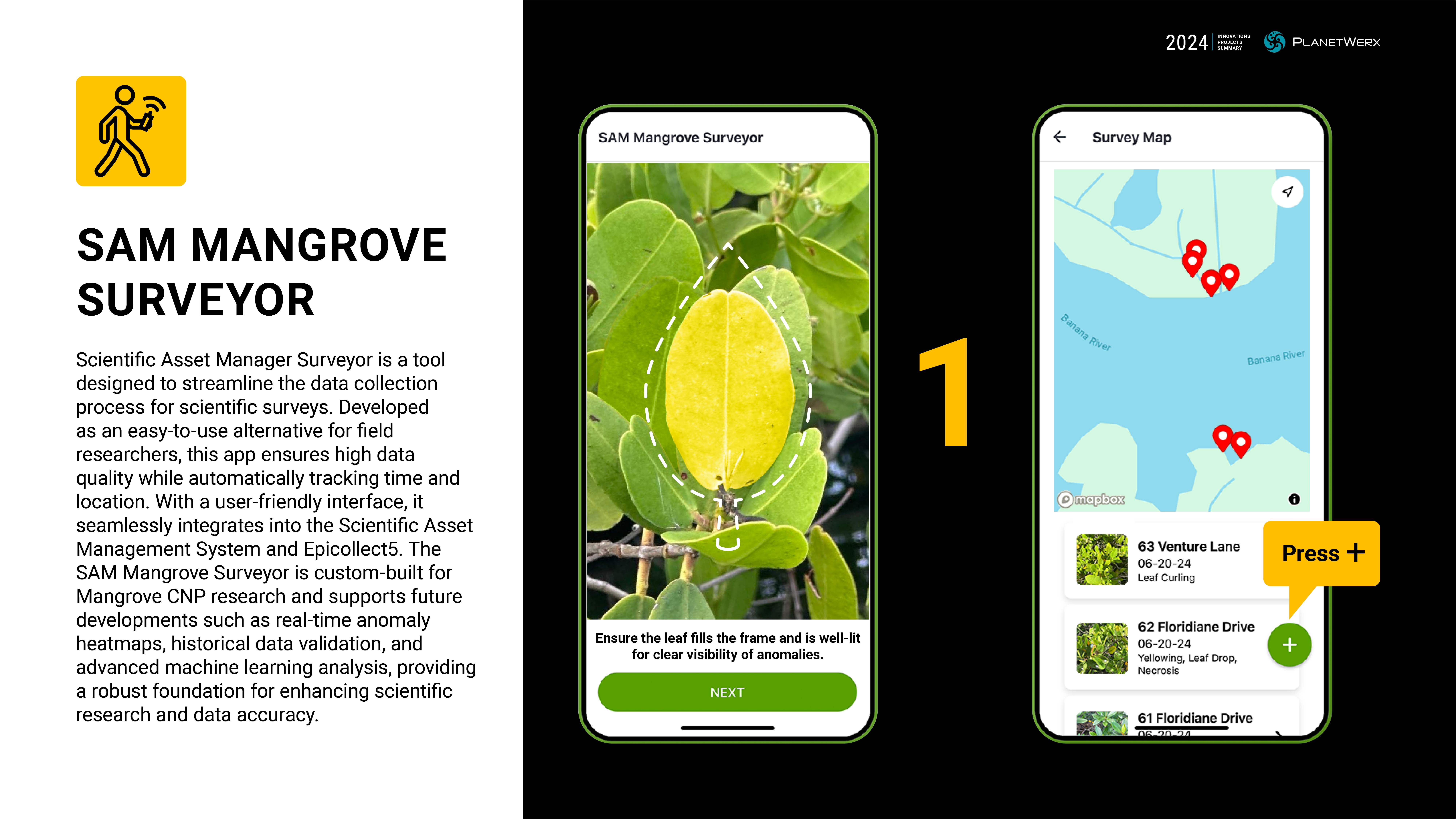 SAM Mangrove Surveyor overview with leaf-capture and survey map screens