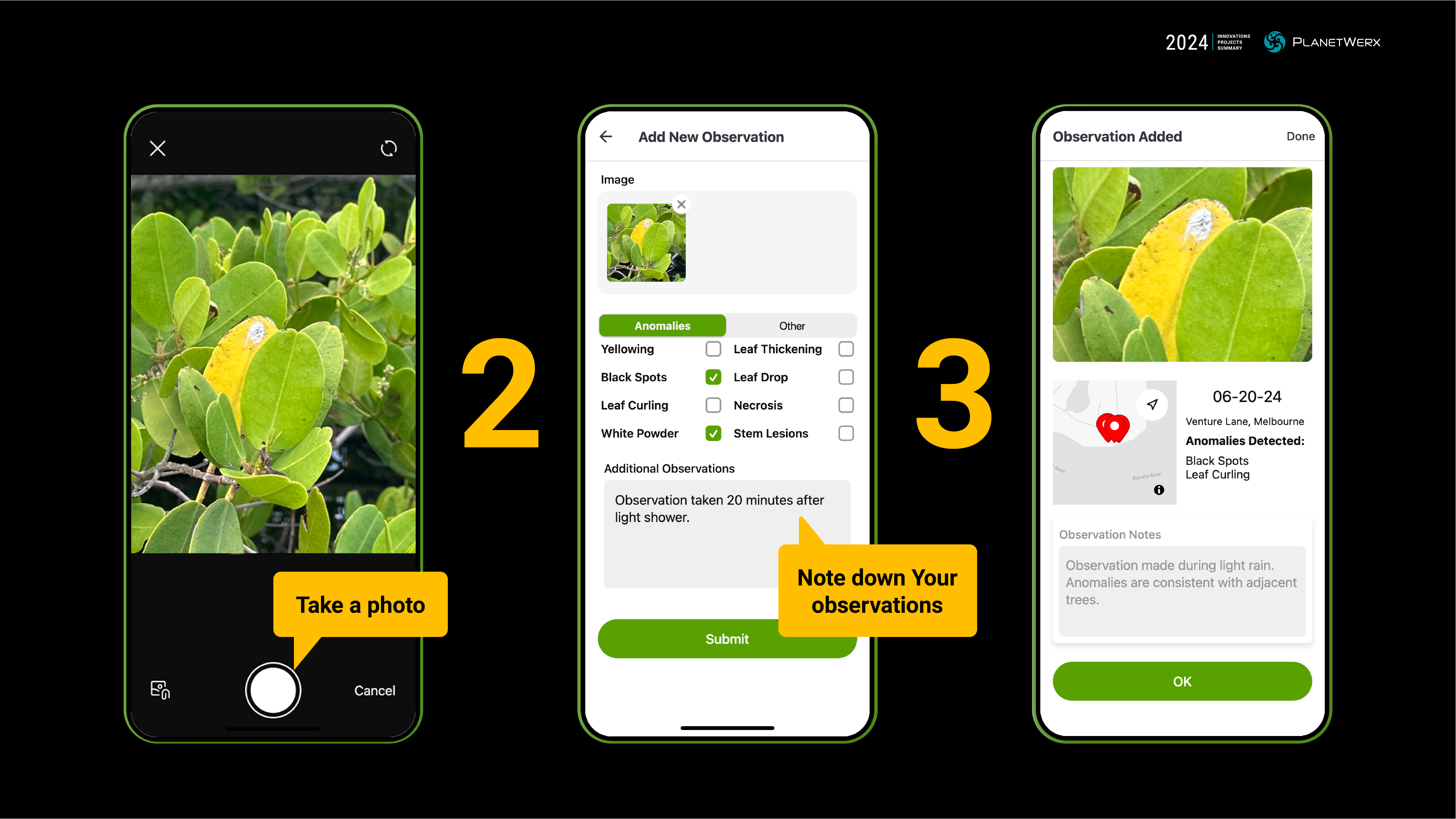 Three-step survey flow: take a photo, add observation, observation added